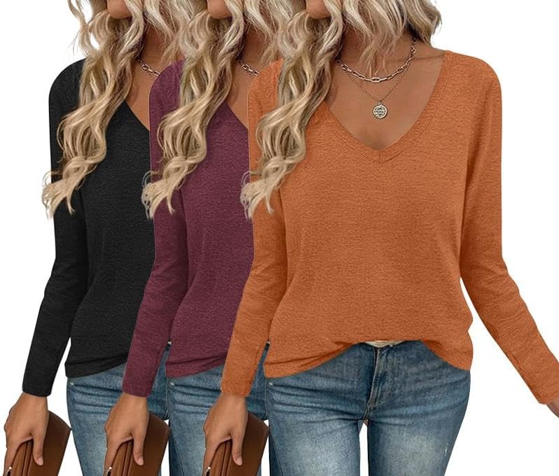Ekouaer 3 Pack Long Sleeve Shirts for Women V Neck T Shirt Fall Casual Tops Basic Base Layer Undershirts Tees 2025 S-XXL