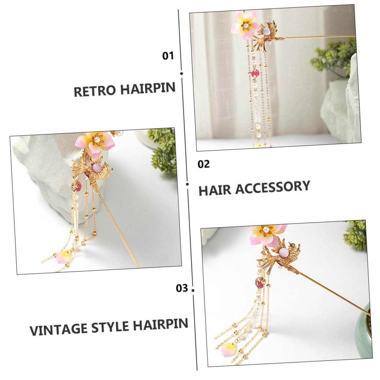 VILLCASE Épingle à Cheveux Rétro Dorée Perles Accessoire de Coiffure Folklorique Style Vintage Épingle de Costume Han pour Mariage et Fête
