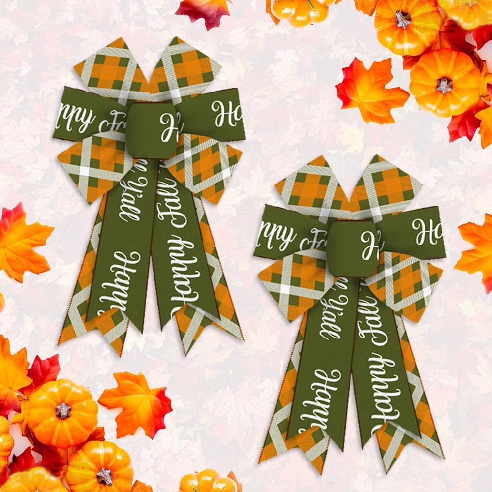 2PCS Fall Wreath Bows Thanksgiving Bows Pumpkin Stem Orange Buffalo Plaid Burlap Linen Bow for Wreath, Autumn Ribbon Bows for Thanksgiving Party Home Indoor Outdoor Decoration Wreath Ornament Supplies
