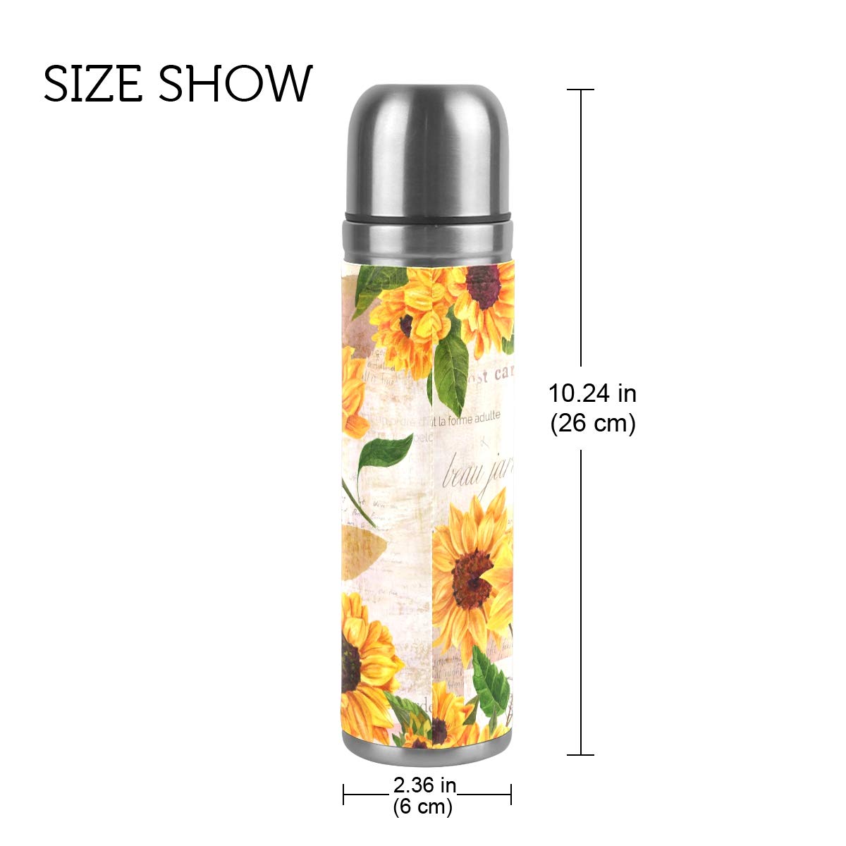 Taza de viaje de acero inoxidable con aislamiento al vacío, doble pared, a prueba de fugas, diseño de girasoles, estilo vintage, con impresión personalizada en piel auténtica, termo de 500 ml