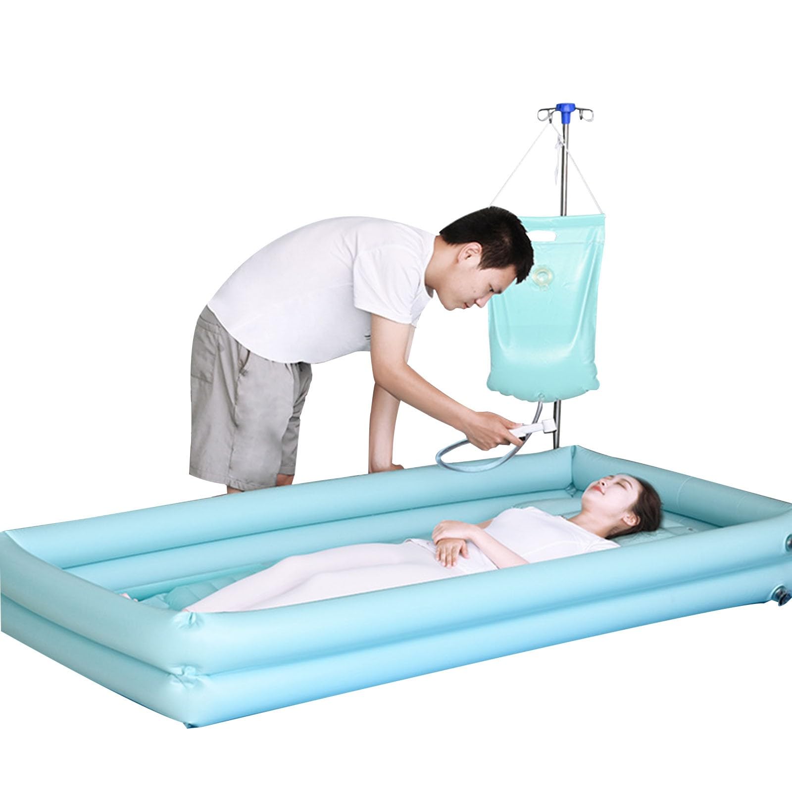 NICHOY Lettino da Bagno Gonfiabile per Assistenza domiciliare per Anziani e disabili,con gonfiatore Elettrico, Borsa da Doccia di Grande capacità da 8 Litri(Blue)