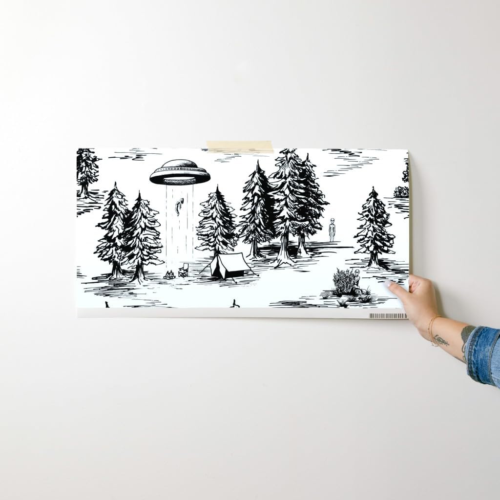 Spoonflower Removable Wallpaper Swatch - UFO Whimsical Large Scale Black and White Space Alien Abduction Custom Pre-Pasted Wallpaper