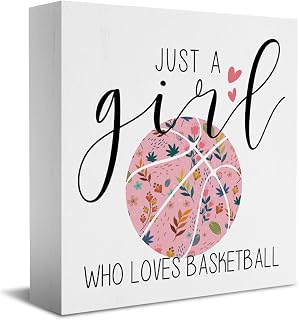 Funny Basketball Sign Basketball Stuff Desk Decor Wooden Box Sign Basketball Gifts Wood Block Plaque Box Sign for Women Girls Room Birthday Shelf Table Decoration Just A Girl Who Loves Basketball