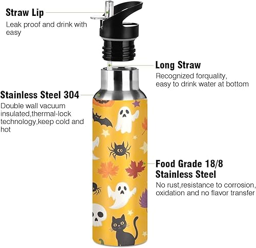 Miniatura 3 de Stainless Steel Vacuum Insulated Water Bottle 32 Oz, Leakproof Water Bottles for Gym Outdoor Travel School, Cute Halloween Orange