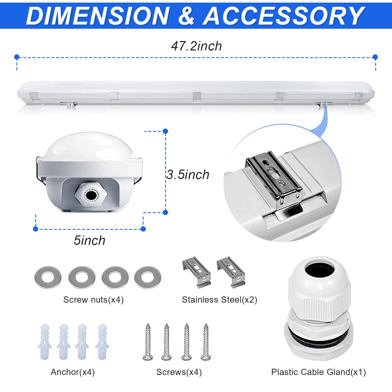 4FT LED Vapor Tight Lights 40W-50W-60W Power Selectable 3CCT 3000K-4000K-5000K Vapor Proof Light IP66 Waterproof LED Shop Light — view 8