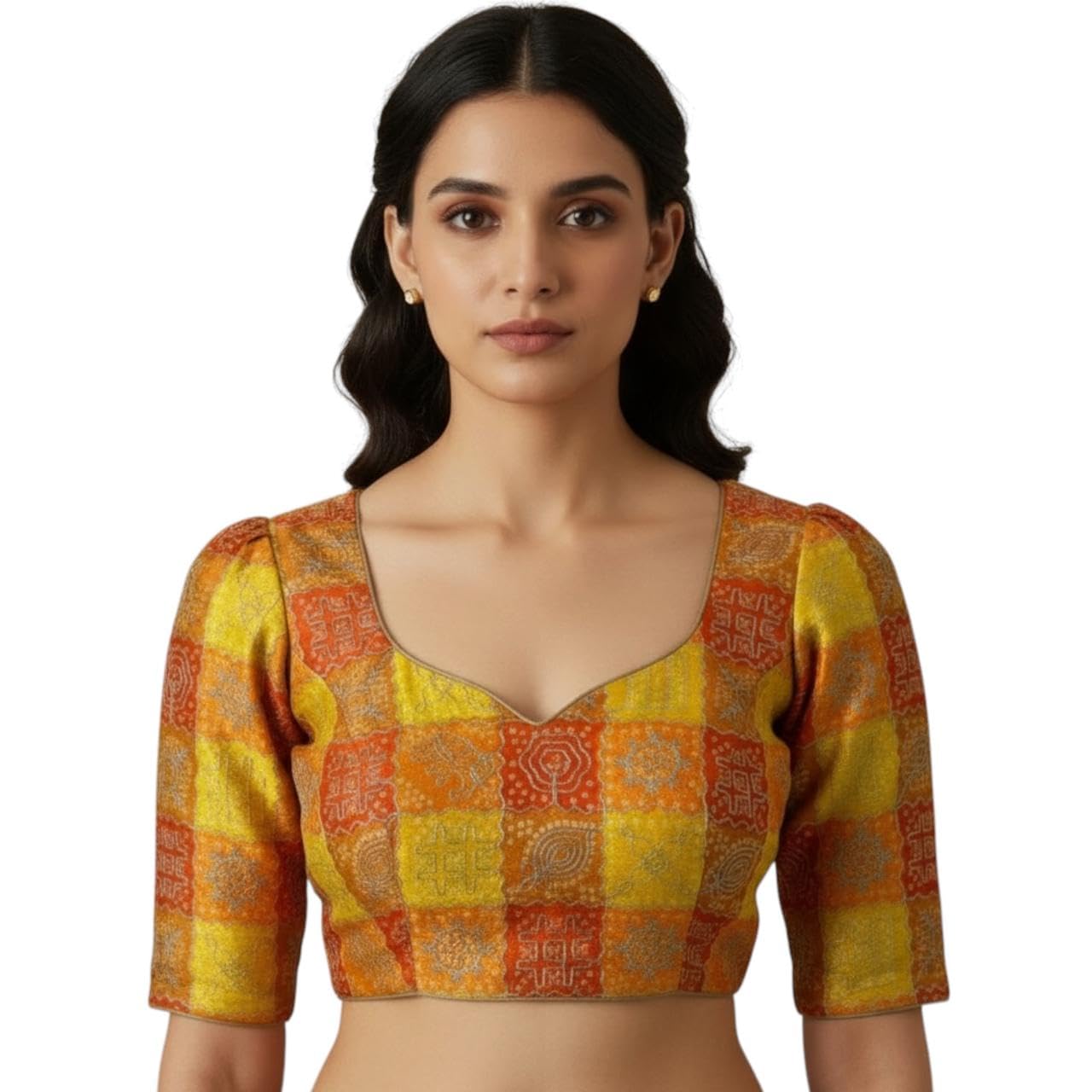 Women's Printed Saree Blouse Yellow & Orange-image-46