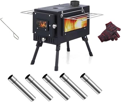 Campbell Camping Hot Tent Stove - Wood Burning with Wood Oven, 2 Grates & 5 Chimney Pipes for Heating & Cooking, 19.8Lbs