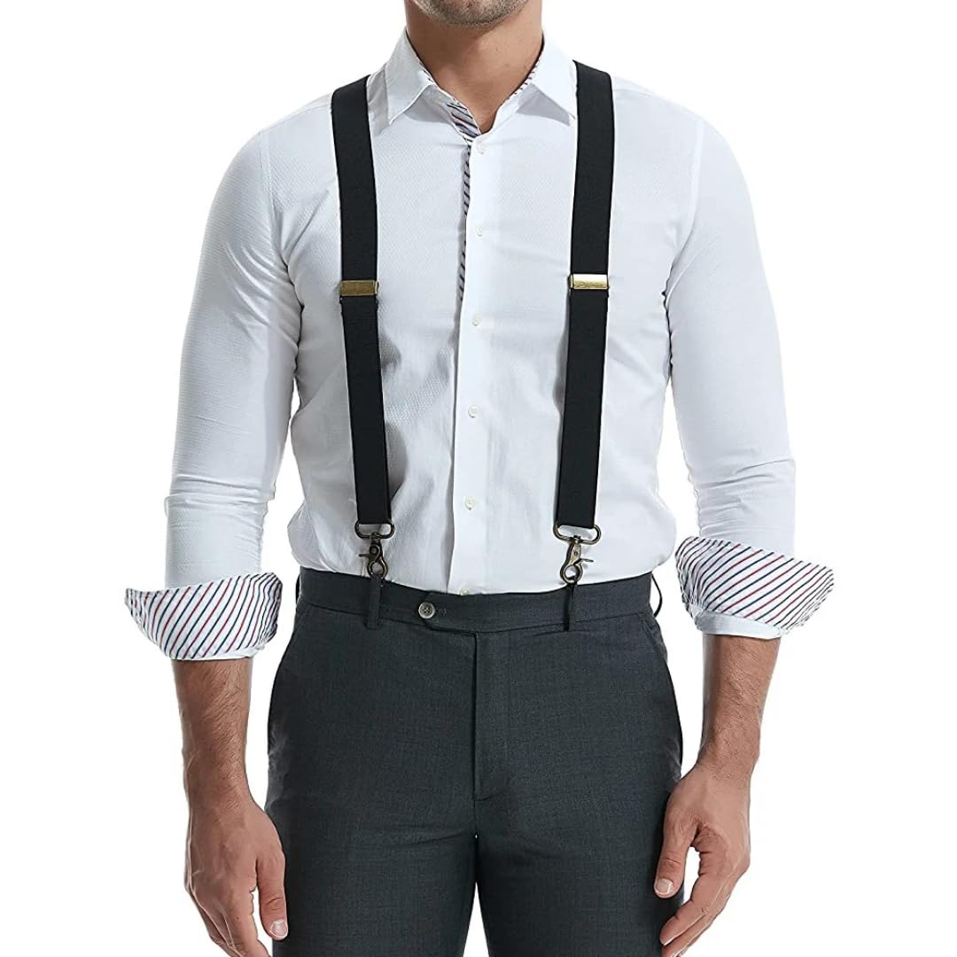 Bretelle Suspender Vintage per Uomini Funzionano Robuste Grande Altezza Larga 3,5 Cm A Forma di X 4 Ganci A Bottone in Bronzo Tutori Elastici Regolabili