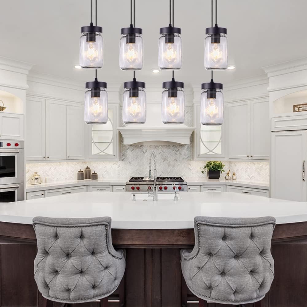 Wellmet 8-Light Mason Jar Chandelier for Dining Room, Farmhouse Rustic Linear Cluster Pendant Light Fixture for Living Room, Kitchen Island Lighting, Matte Black Finish with Glass Shades