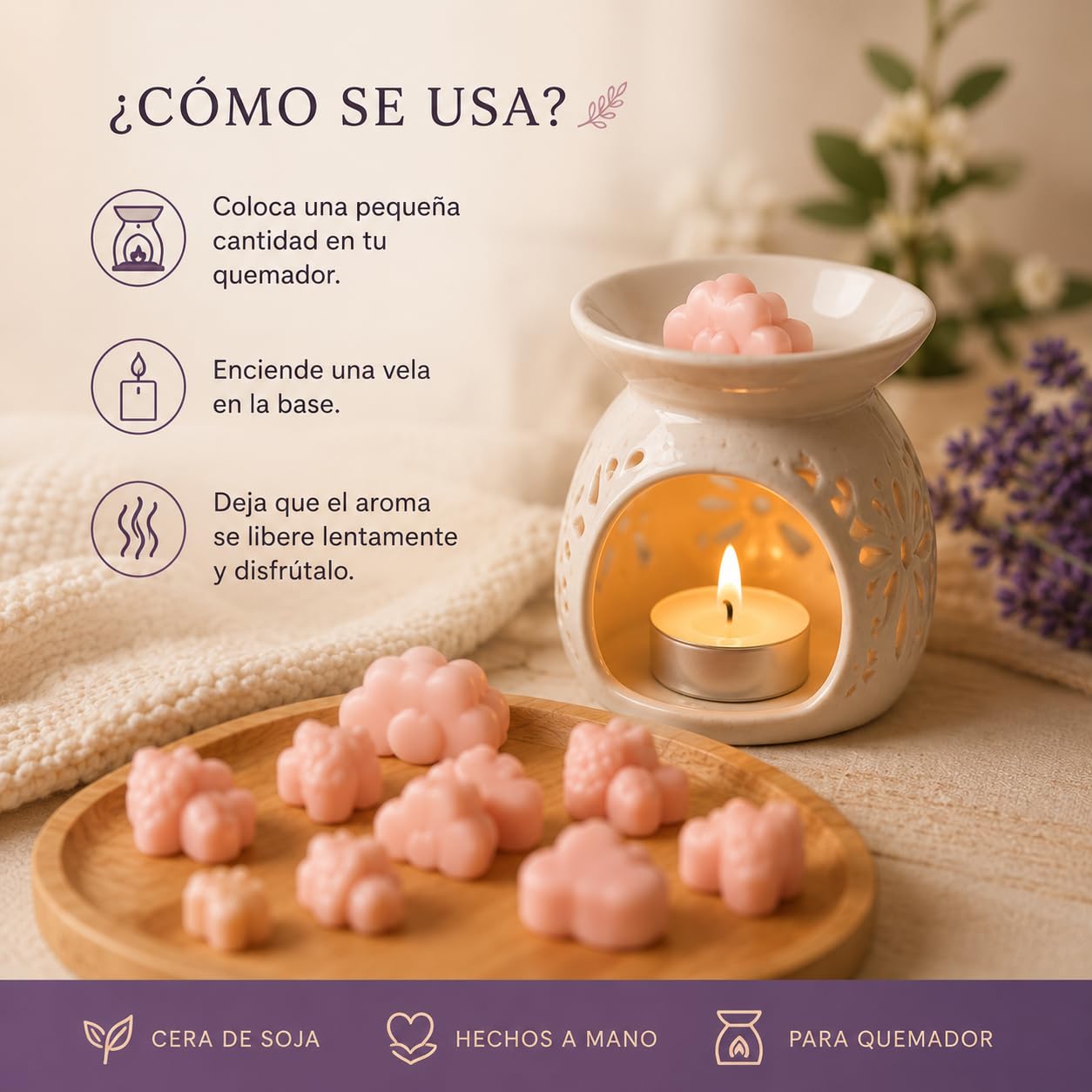 Genérico Wax Melts, Ceras aromaticas artesanales, 5 Aromas (Coco, limón, Vainilla, Fresa, Manzana Verde) | Cera de Soja perfumada | Hechos a Mano | Incluye Quemador | KrisAromas