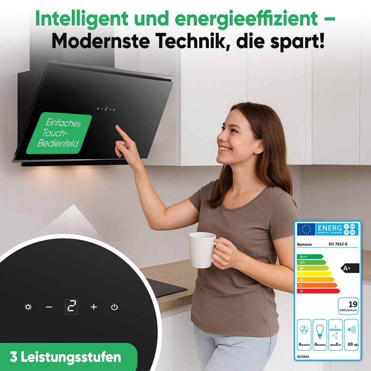 Bomann® Dunstabzugshaube 80cm breit | Abzugshaube für Umluft und Abluft | inkl. Montage-Material | starker Dunstabzug | leise Kopffreihaube 80cm | Dunstabzugshaube Umluft | DU 7612