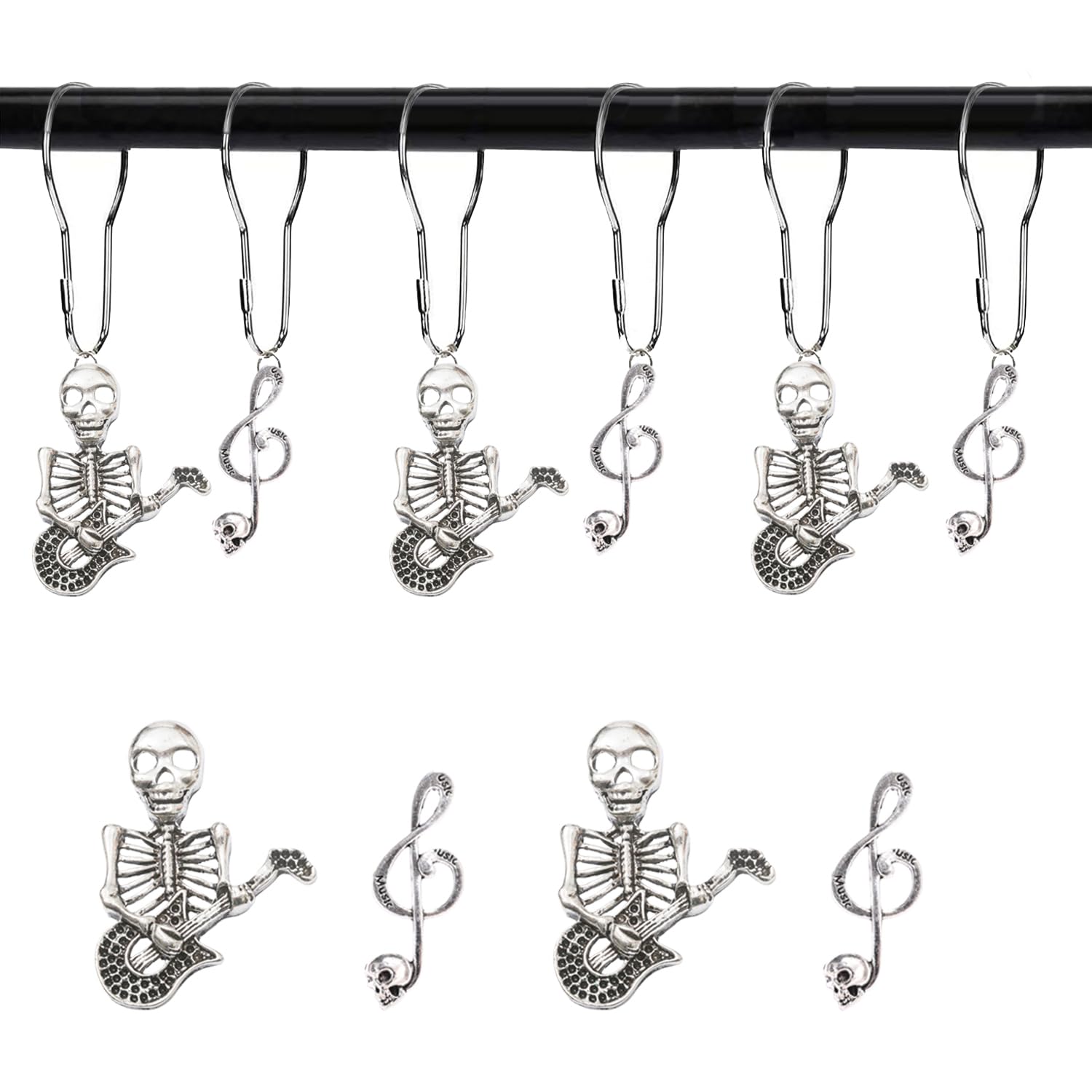 YRMLYMOP Skull Bathroom Decor,12 Pcs Music Skull Shower Curtain Hooks Decorative Home Bathroom Stainless Steel Rustproof Music Skeletons Shower Curtain Rings Decor Accessories (Silver)