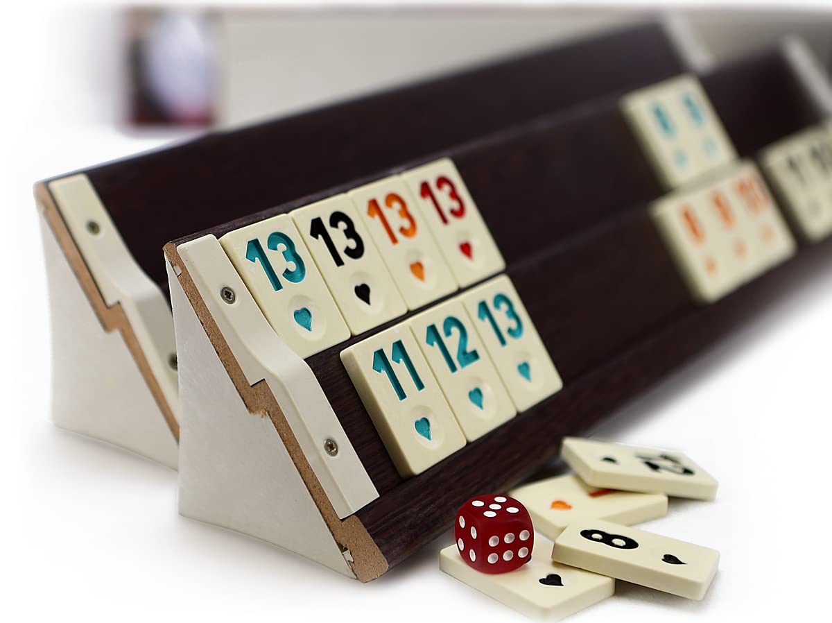 Original Star Gold Rummy/Okey Set – Holz-Plastik mit Melamin Spielsteinen | 104 Steine + 2 Joker, 4 Aufsteller & Würfel | Okey Takimi Dunkel, rutschfeste Matt-Steine für Familie & Freunde