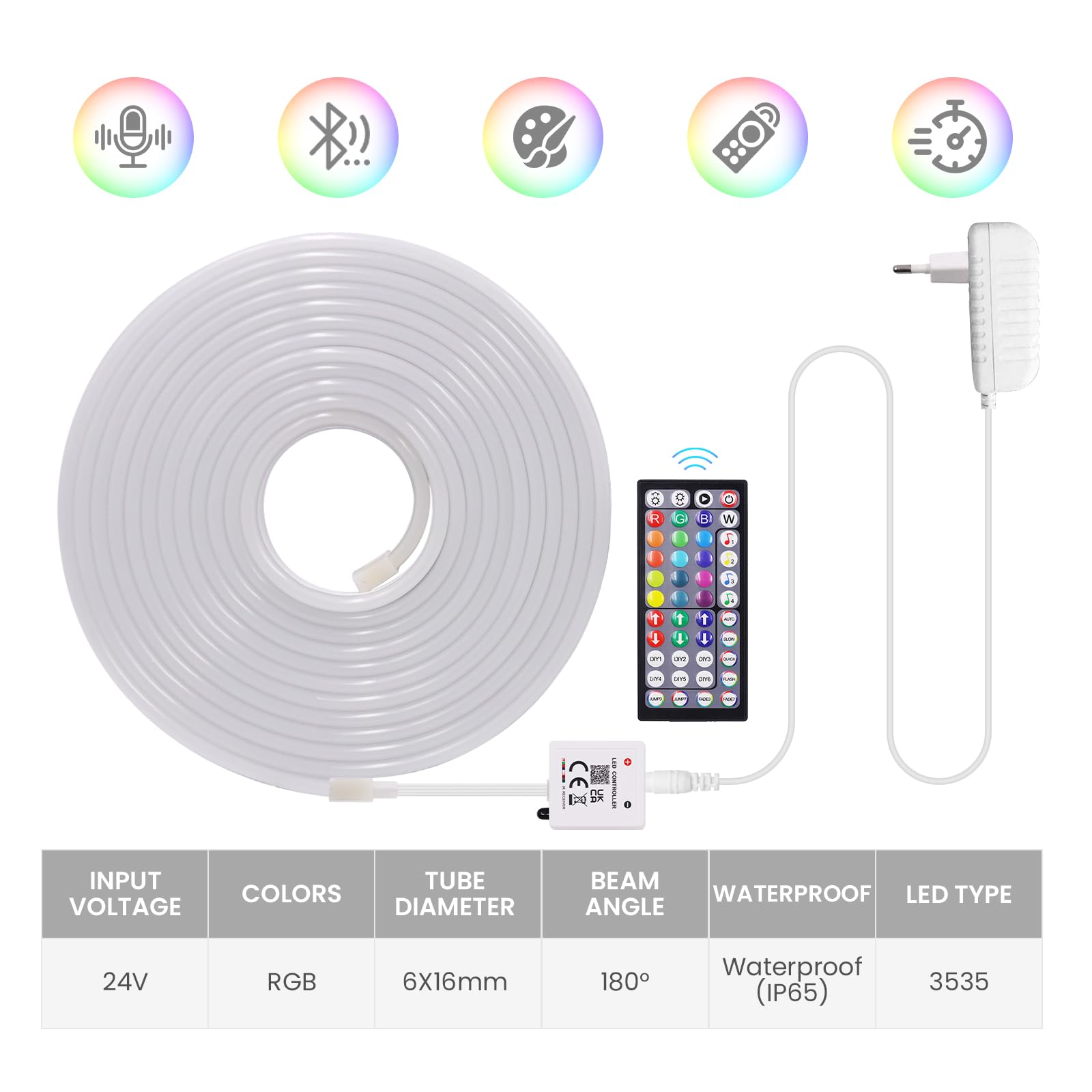 24V Neon LED Strip, 3535 60 LEDs/m RGB IP65 Waterproof Flexible Neon RGB LED Strip With 44 key Bluetooth music controller for Home, Indoor, Outdoor Decoration.