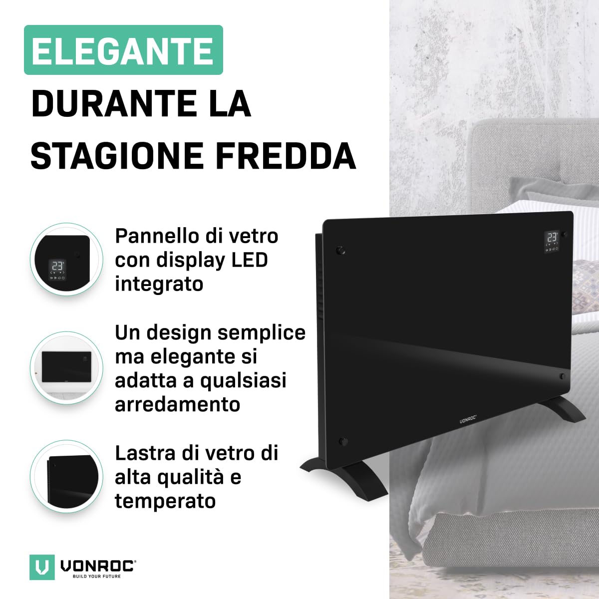 VONROC Riscaldatore elettrico di lusso | Termoconvettore smart a pannello in vetro - 2000W - | Controllo manuale e Wifi Nero
