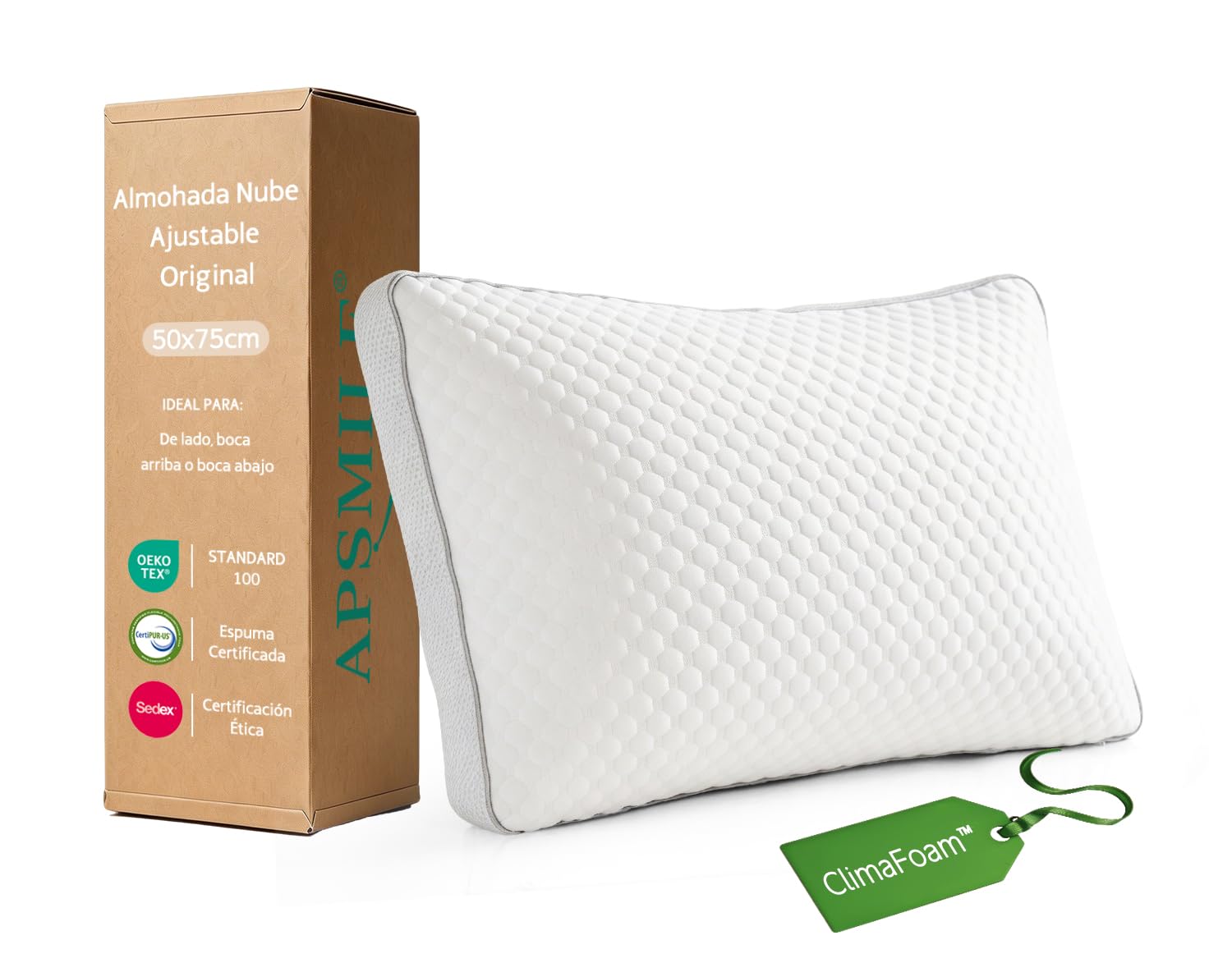 APSMILE Almohada Viscoelástica 50x75 cm - Espuma Memory Foam Triturada Ajustable y Adaptable para Cuello - Funda Fría y Transpirable - Ergonómica y Termorreguladora - Hipoalergénica Lavable