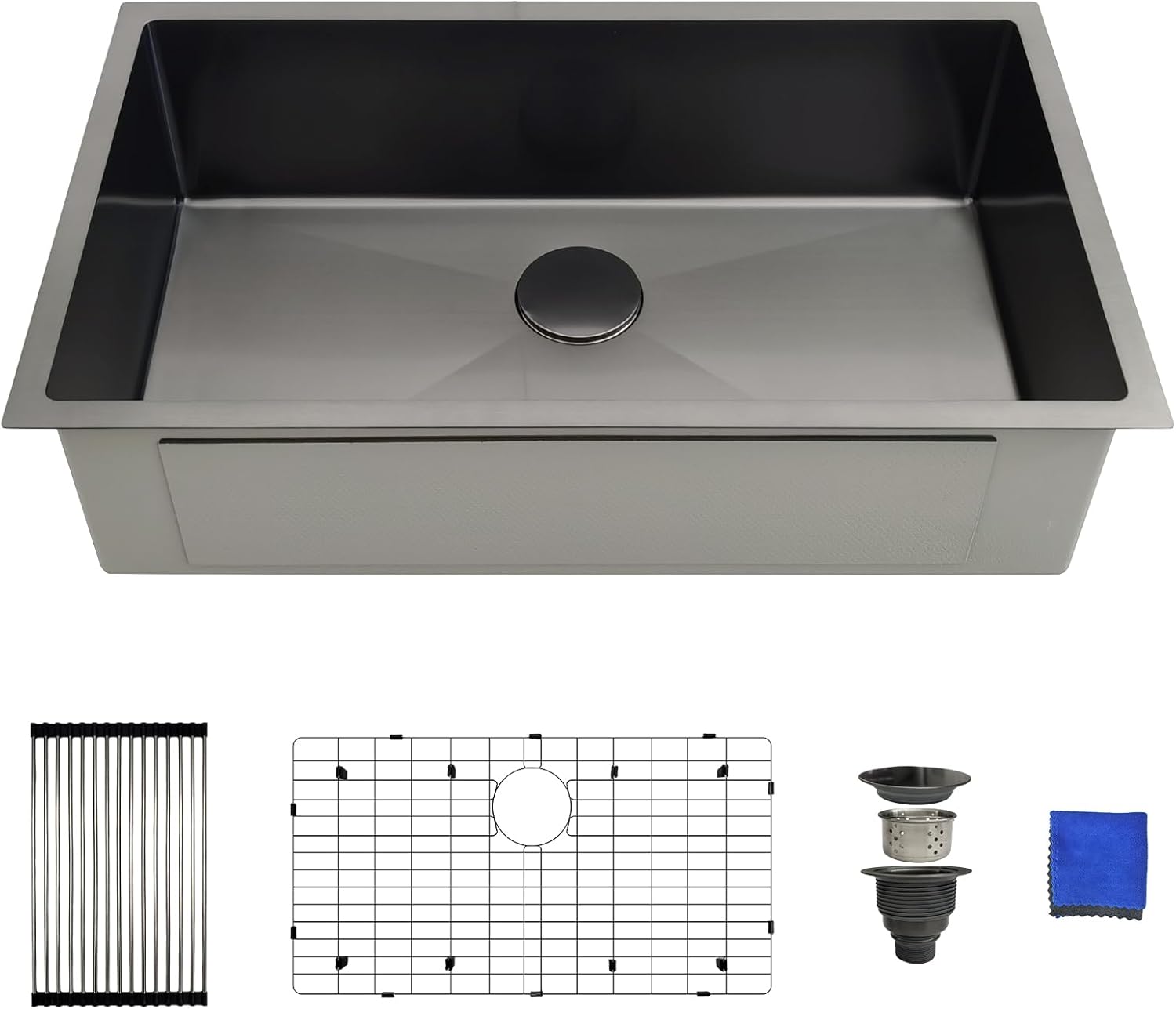 32 Inch Black Kitchen Sink Undermount - Delironexu Undermount Kitchen Sink Black, 16 Gauge Stainless Steel Sinks Single Bowl, 32''x19'' black Stainless Steel sink with 4 Accessories