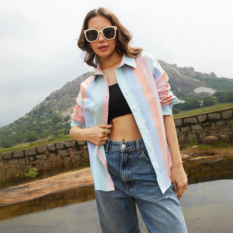 Image of PINACOLADA Women's Solid Oversized Shirt for Casual Wear | Spread Collar | Long Sleeve | Button Closure | Oversized Shirt Crafted with Comfort Fit for Everyday Wear