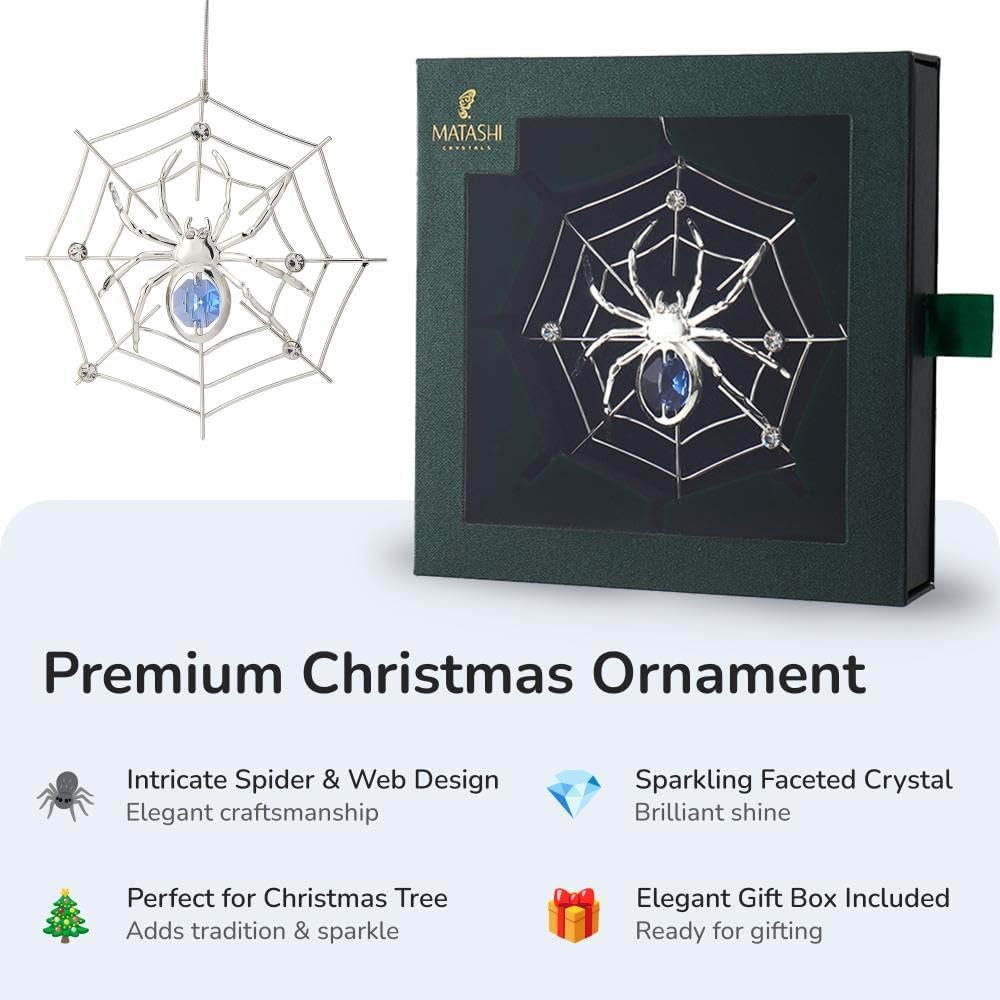 Matashi Silver Plated Christmas Tree Spider Ornament w Blue, Clear Crystals Lucky Hanging Decoration, Holiday Ornament Gift, Unique Spider Decor for Christmas & Halloween Party w Tinsel Legend Story - Image 3