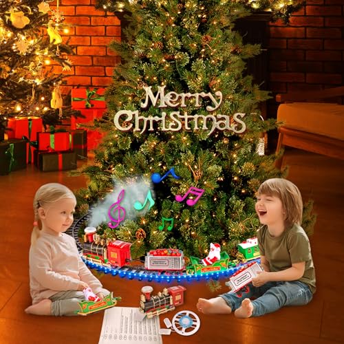 BuzzoXerex Zug Weihnachtsbaum, Eisenbahn Weihnachtsbaum Elektrisch, Weihnachtszug für Den Tannenbaum mit Blauer LED-Lichterkette, Eisenbahn Kinder Elektrisch Christmas Tree Train mit Spray und Sound