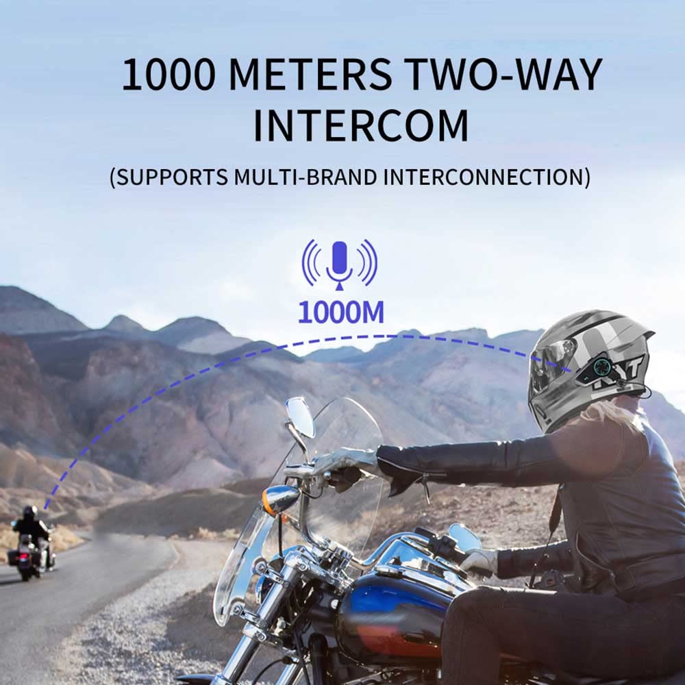 Walmeck Casco de Motocicleta X5, Auriculares, Intercomunicador de 1000M para Montar Música y Compartir, Resistente Al Agua IPX67, Reducción Ruido con Batería 20H (Negra #-2)