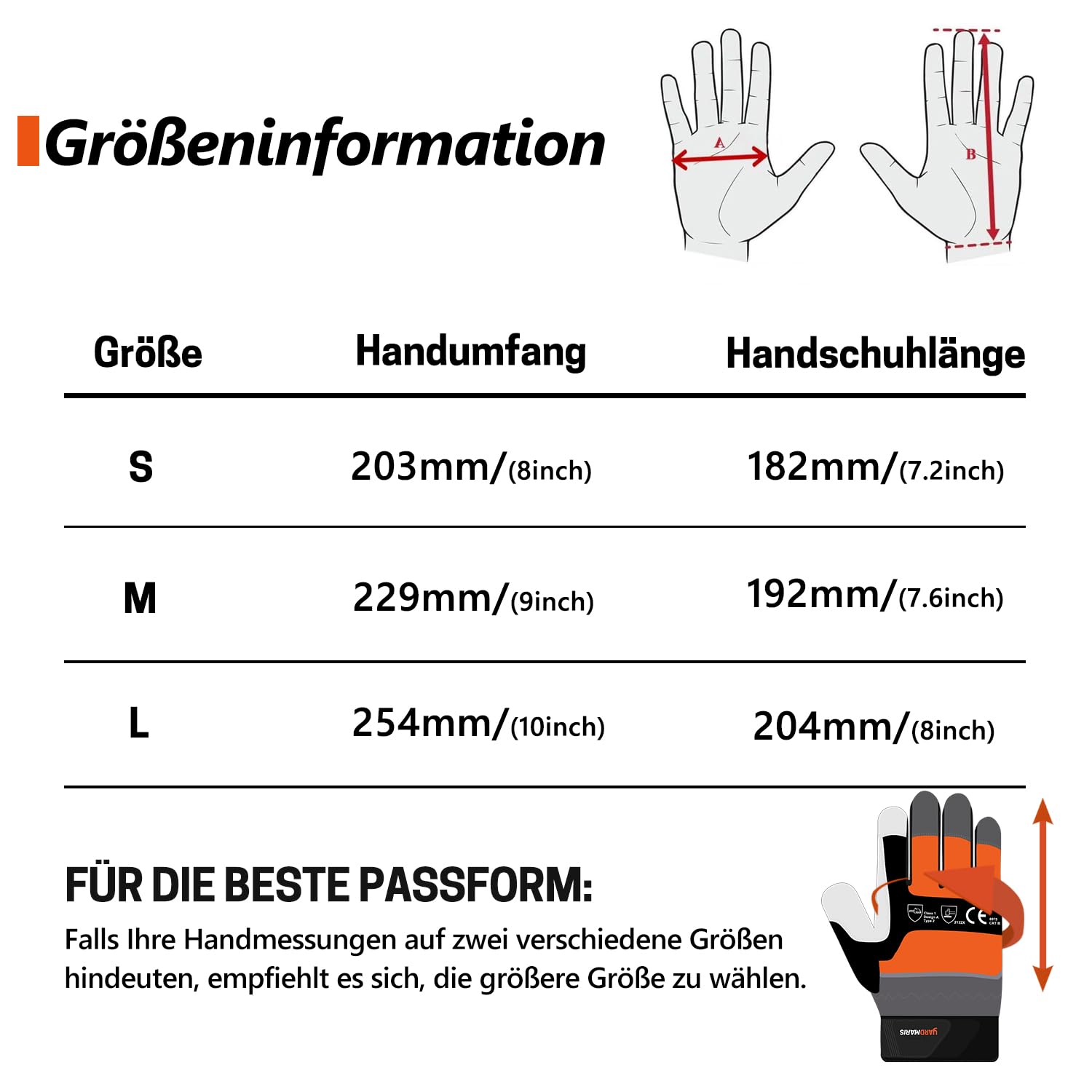 Guanti per motoseghe Classe 1 (20 m/s) Protezione da taglio EN ISO 11393-4 | Con protezione 12 volte sul dorso della mano sinistra, in pelle di capra e PVC, guanti forestali per motoseghe da