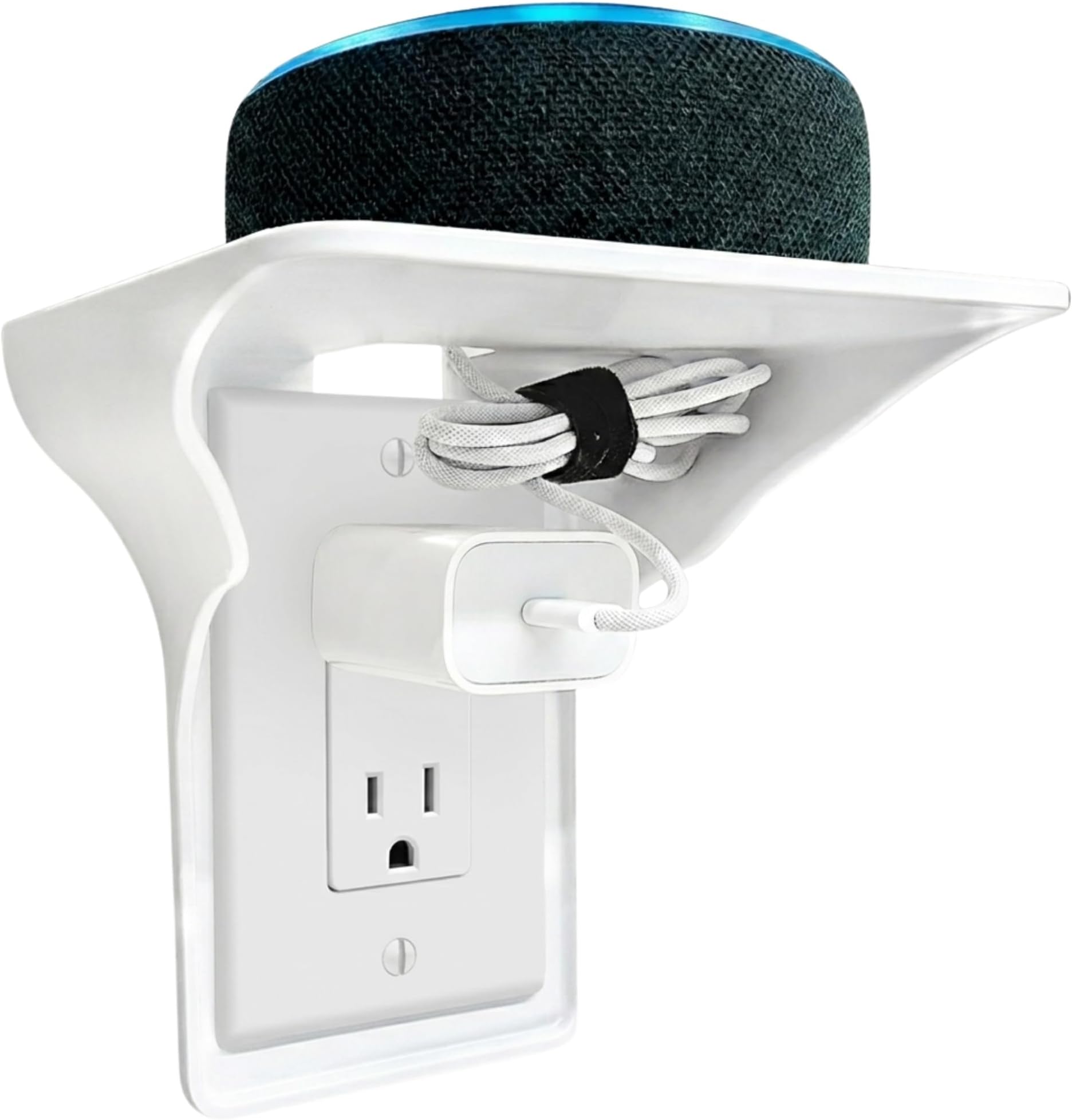 BeraTek Power Perch Wall Outlet Shelf with Cord Storage - Space Saving Organizer for Apple HomePod Mini, Alexa Devices Holder for Mom - White, 1-Pack
