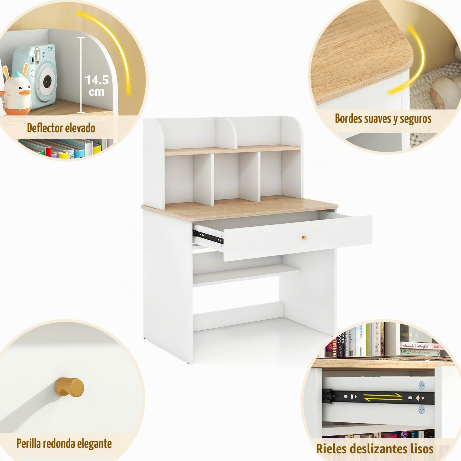 LIFEZEAL Escritorio Infantil, Mesa de Estudio para niños, Escritorio ergonómico con estantes Abiertos y cajón, estación de Trabajo con estantería de Almacenamiento para Estudiantes, Blanco