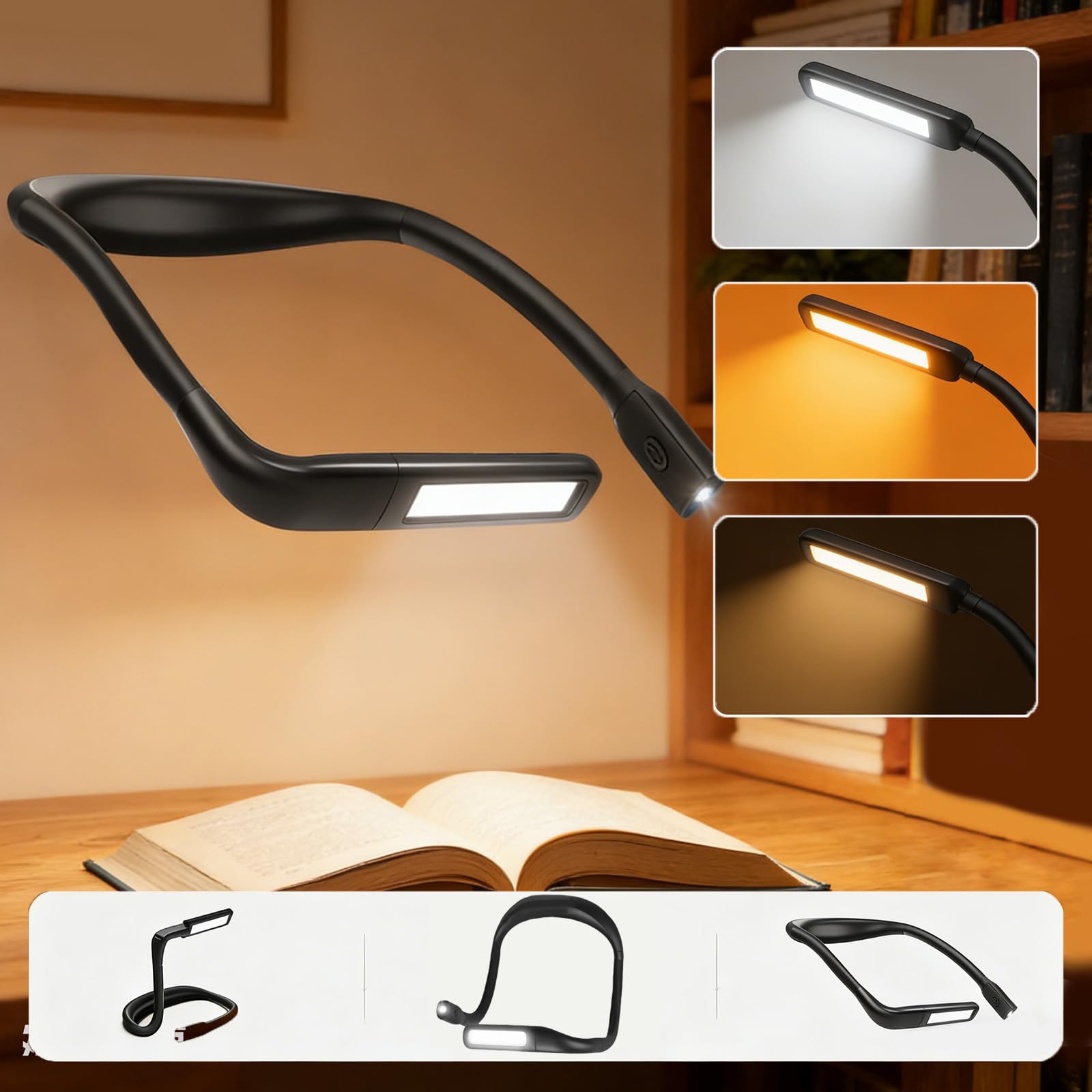 Lampe de lecture LED pour le cou, lampe large rechargeable 2000