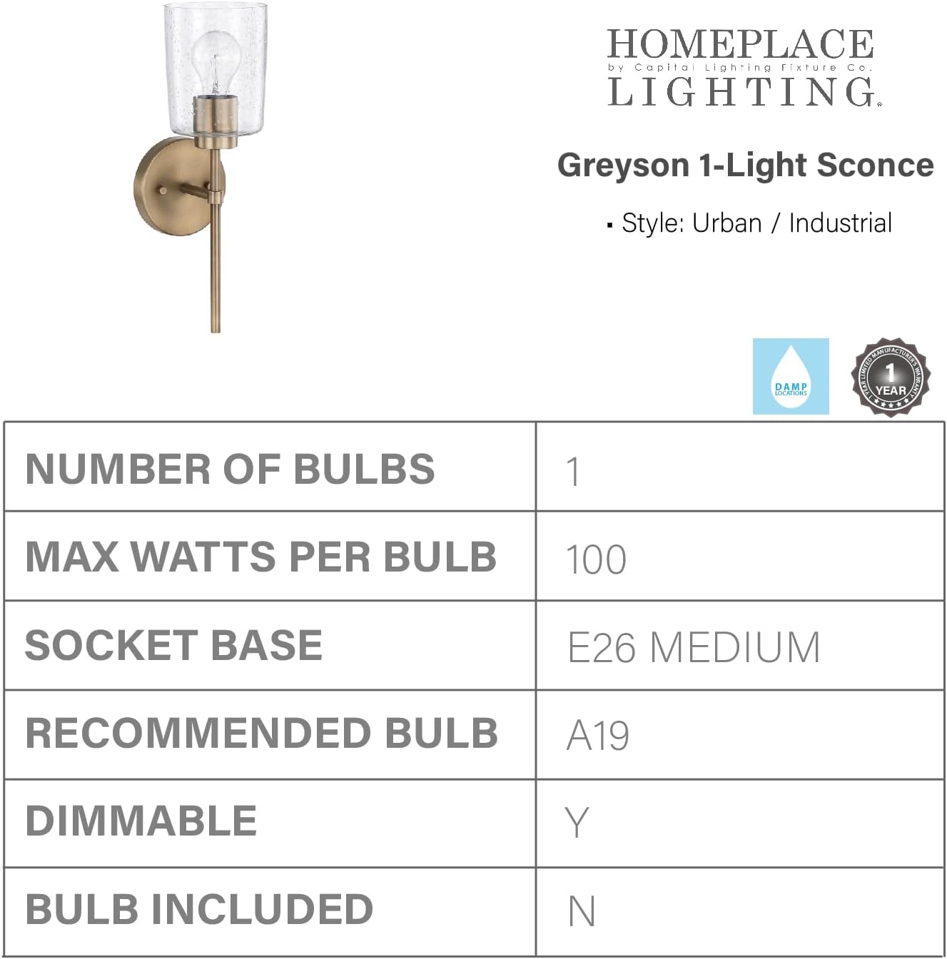 HomePlace Lighting 628511AD-449 Greyson Urban/Industrial Clear Seeded Glass Torchiere Wall Sconce, 1-Light 100 Watt, 16" H x 5" W, Aged Brass