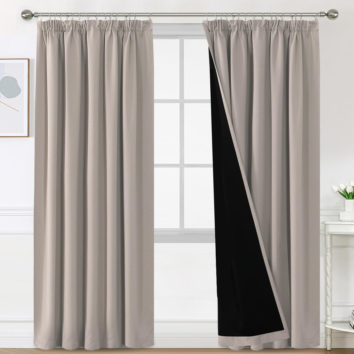 BellaHills 100% Gardinen mit Kräuselband Blickdicht Vorhang Kälteschutz Verdunklungsvorhänge Gardinen Wohnzimmer, Schallschutz Vorhang 2er Set H240 x B132 cm, Natur