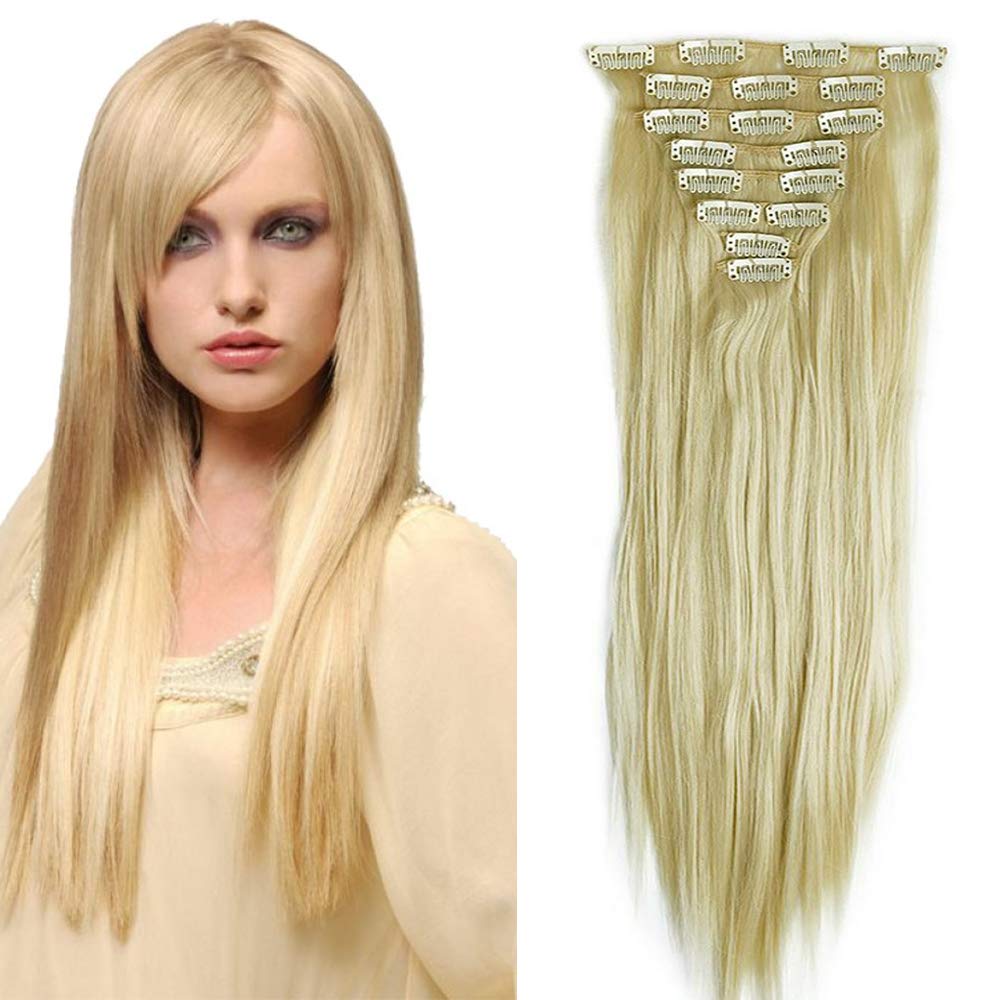 23"(58cm) SEGO Extensiones de Clip Pelo Sintético Se Ve Natural 8PCS [Arena Oscura mezcla Rubio Claro] Cabello Liso Largo Postizos Pelucas para Mujer (140g) — view 41