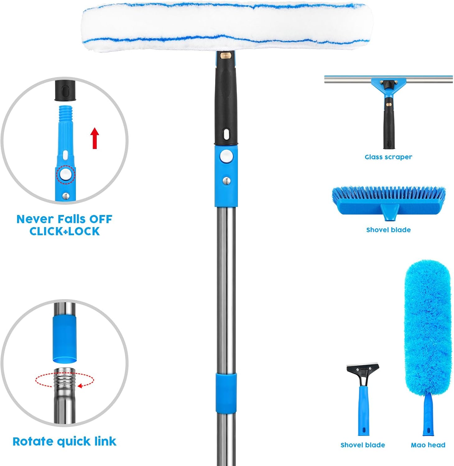 Window Squeegee，5 in 1 Bendable Head Window Squeegee for Home，61''Extension Poles，Bendable Head car Window Cleaner Tool，Squeegee for Shower Glass（Blue）