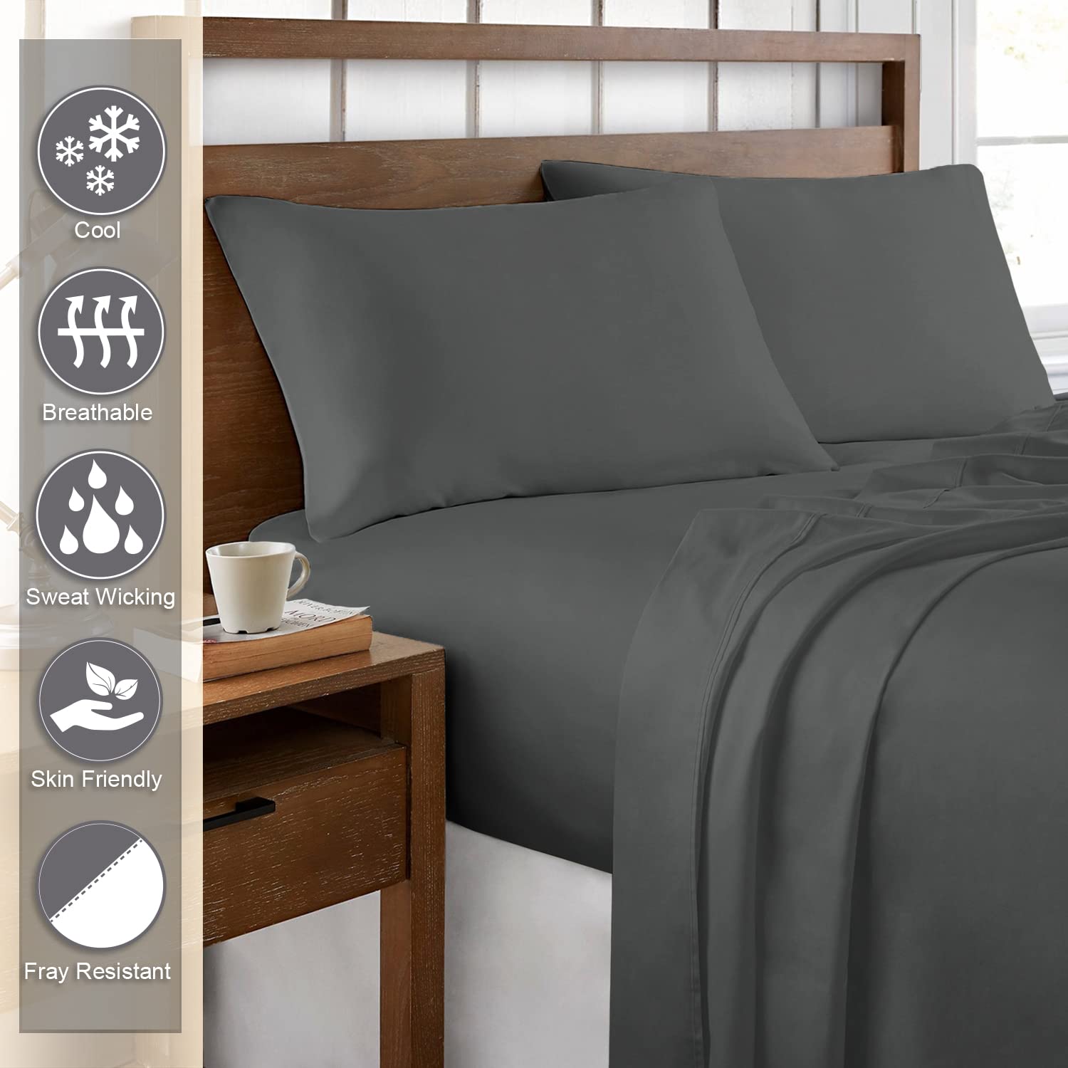 Pizuna Set lenzuola letto super king Cotone 180x200 cm Grigio Scuro, 400 fili con trama Sateen in 100% Cotone a fiocco lungo Completo lenzuola con 1 lenzuolo con angoli, 1 lenzuolo sopra, 2 federe