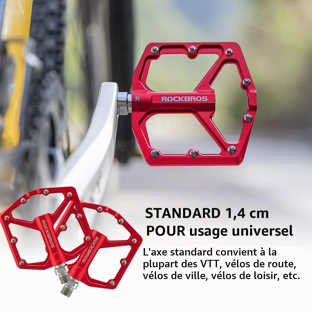 ROCKBROS Pédales Plates VTT 9/16" Alliage d'Aluminium Cyclisme Bleu Noir Rouge Ti Violet