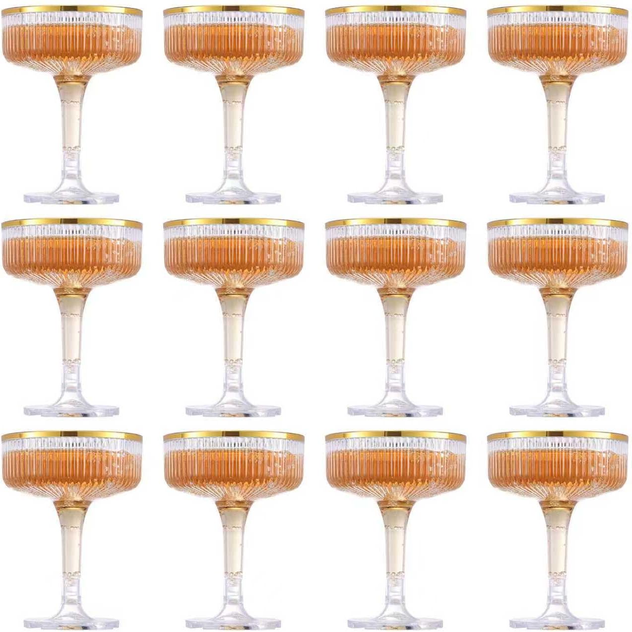 12 Pcs Plastic Champagne Coupe Glasses With Gold Rim 7 oz Champagne Tower Ribbed Martini Glasses Disposable Wine Cups Stackable Stemmed Cups for Wedding Birthday Party Bar (Clear, Gold Rim)