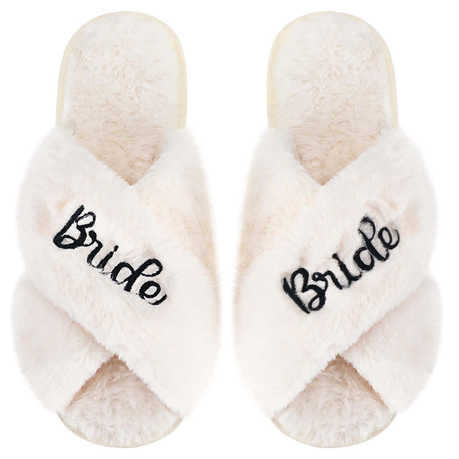 JenPen White Bride Slippers for Wedding Day, Women's Fuzzy Slippers, Gift for Bridal and Wedding Bachelorette Engagement Party(White)