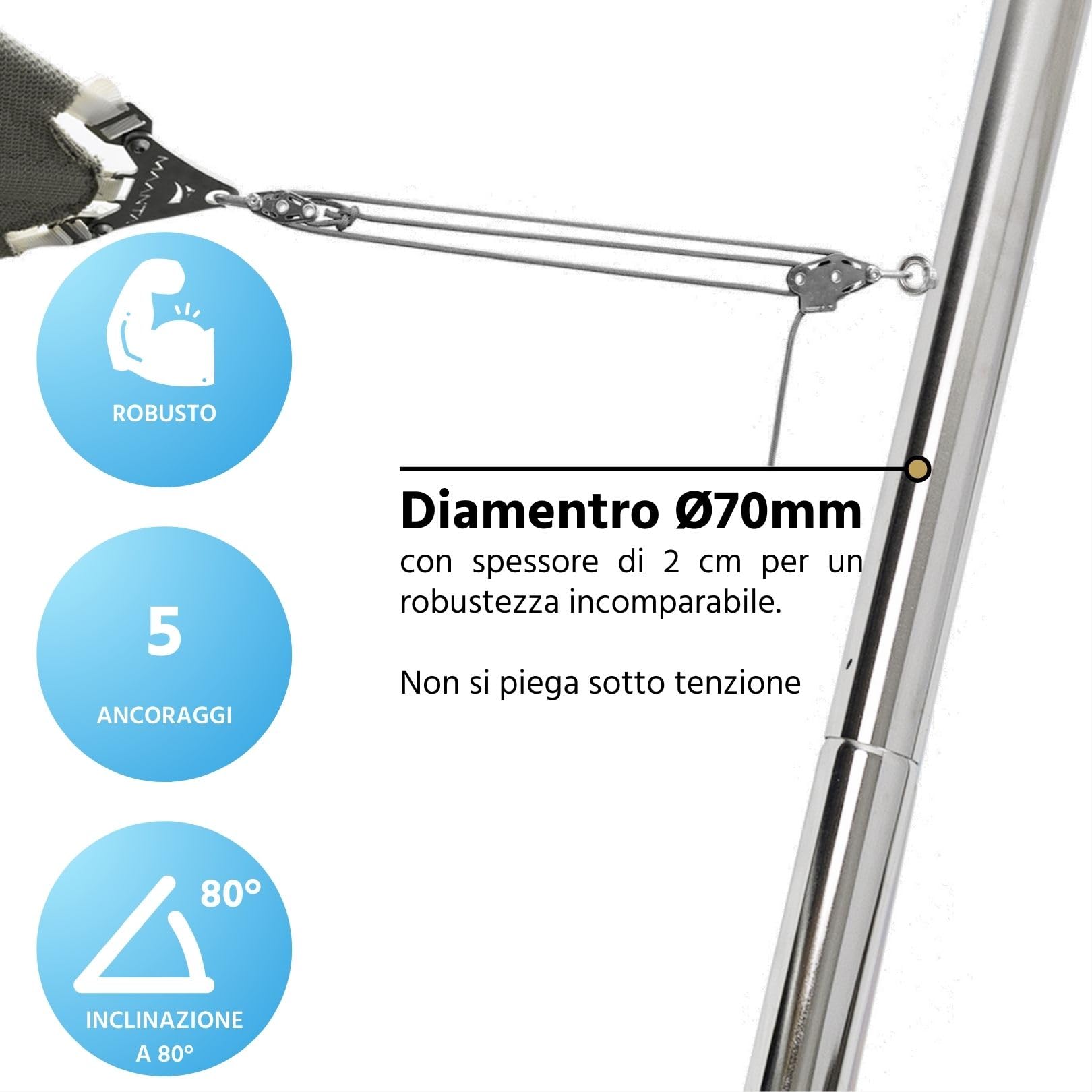 maanta sonnensegel mast EZ Sonnensegelmast 260 cm - Ø 70 mm - 5 Befestigungspunkte - Edelstahl 304 Select Size:59 windschutz unter fahrradhelm Helmmütze iron heart