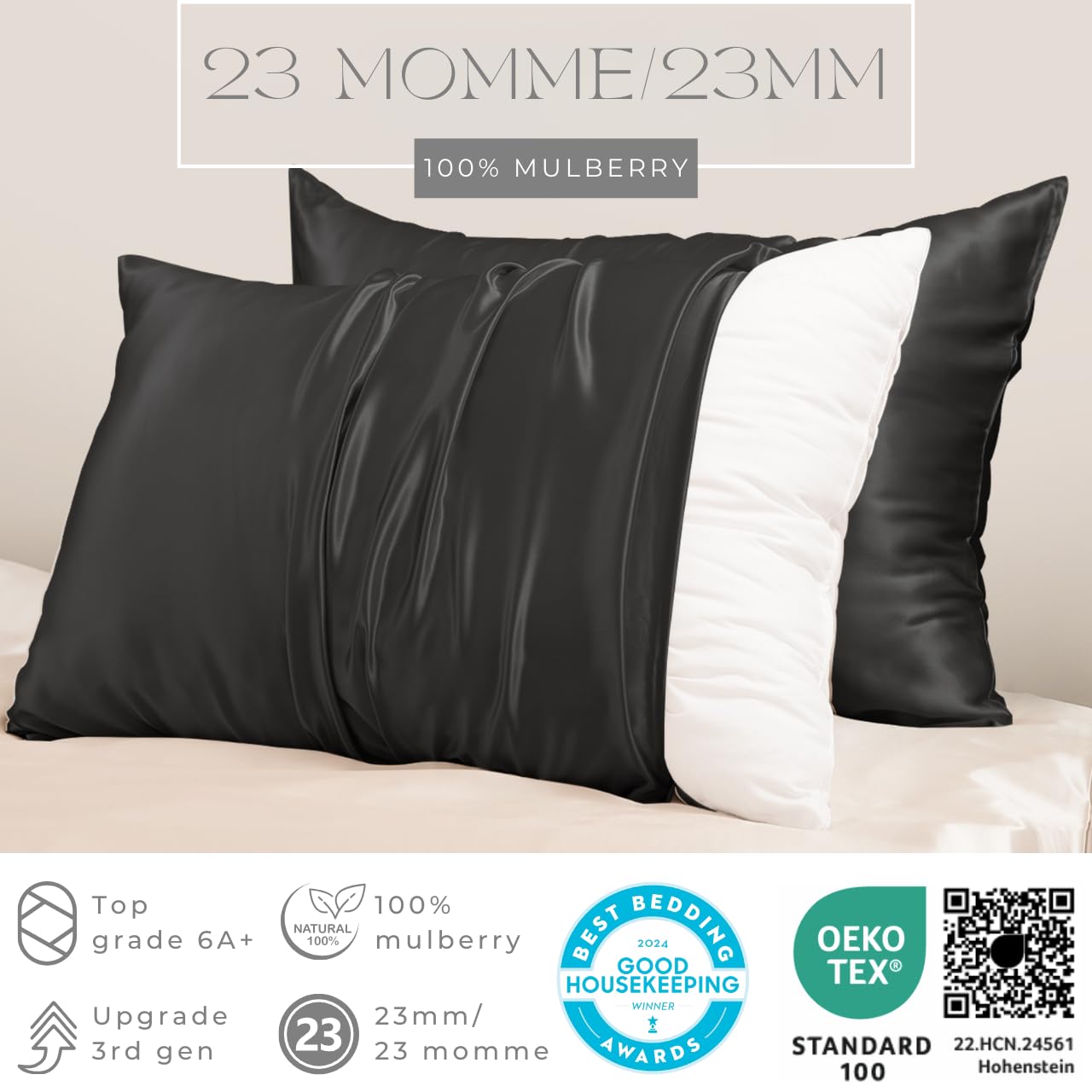 PROMEED Funda de almohada de seda negra de grado 6A+ con cremallera, seda de morera natural de 23 momme para cabello y piel, fácil cuidado con bolsa de colada (King, 51 x 91 cm, negro)