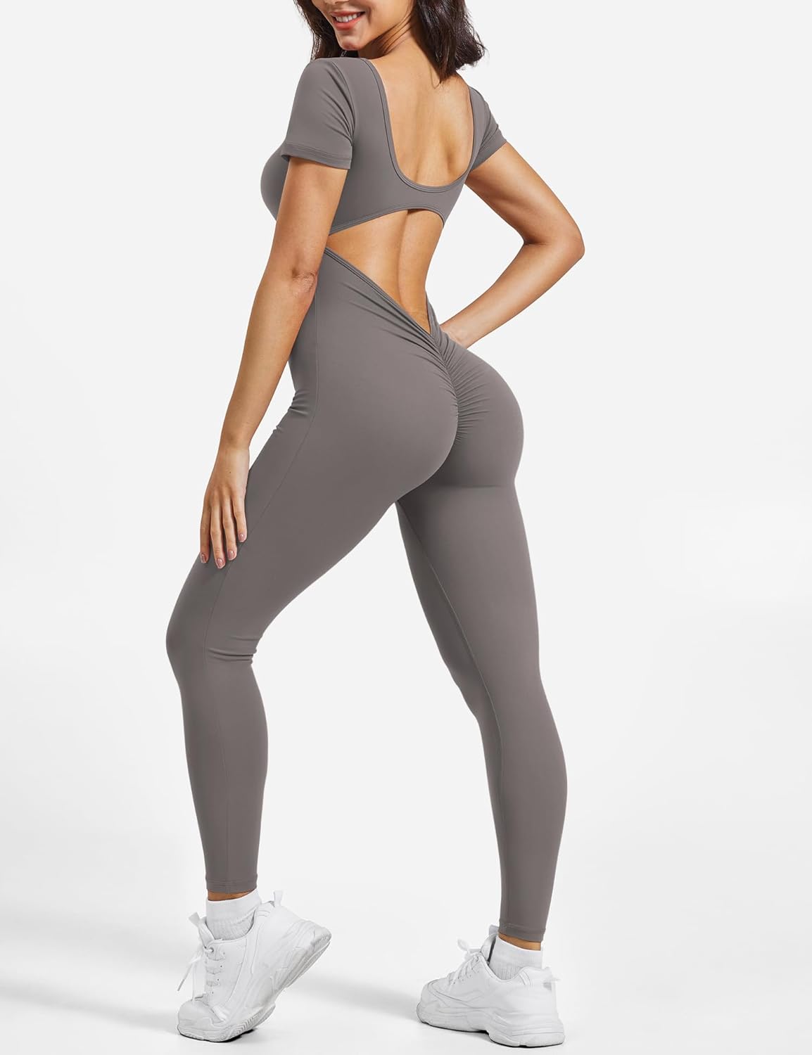 YEOREO Short Sleeve Jumpsuits for Women Lizvette Padded Workout Rompers Sexy Backless Gym Bodycon - Image 5