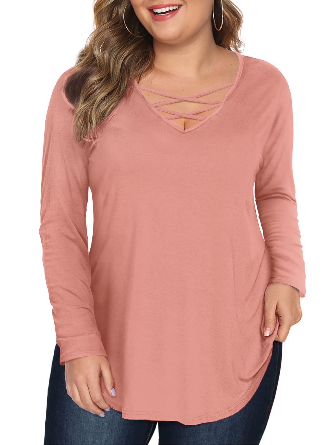 Amoretu Womens' Plus Size Tops with Long Sleeve Criss Cross Neck