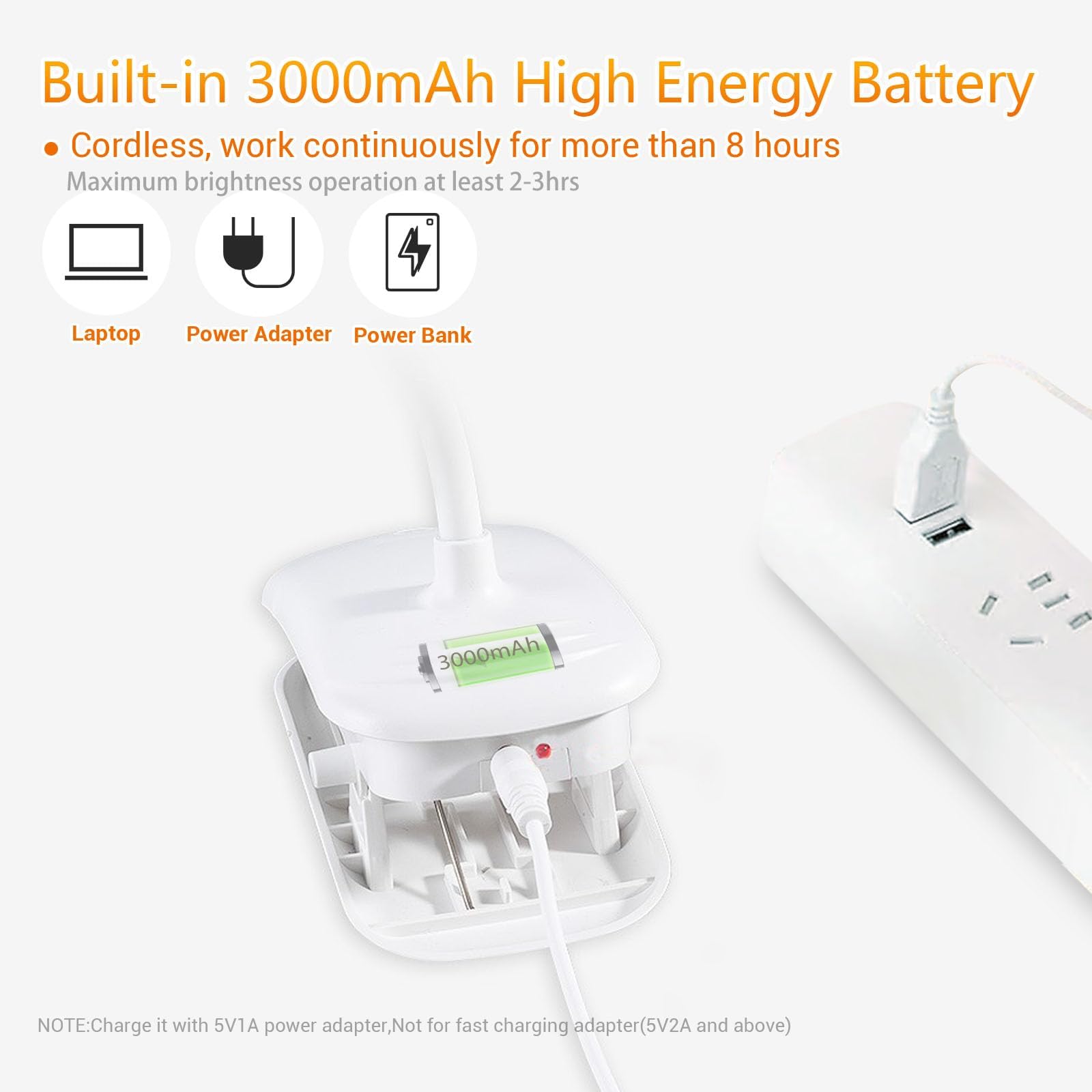 Lampe de bureau LED avec pince, lumières à clipser pour la maison, le bureau, 3000 mAh, piles rechargeables, 3 modes d'éclairage et variateur de luminosité pour enfants et étudiants