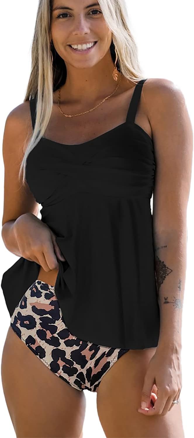 Womens Tankini Bathing Suits Twsit Front High Waisted 2 Piece Swimwear