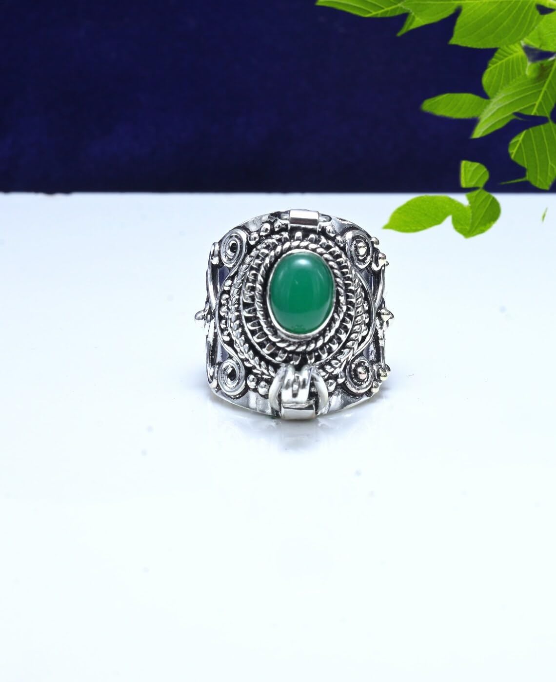 Handmade Green Onyx Poison Ring 925 Sterling Silver - Boho Wedding Birthstone Jewelry Gift for Women, Vintage Inspired Statement Cocktail Ring