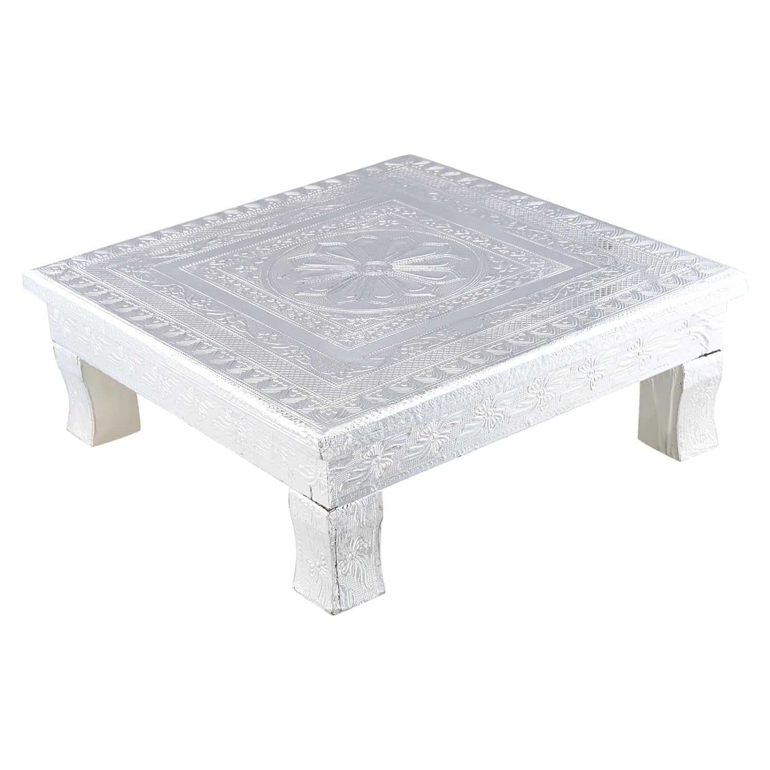 Handicrafts Pooja Chowki Fancy Aluminium Foil Designer Rectangle Pooja Chaurang Wooden Decorative Rajwadi Works Silver (15x15 Inch) 4