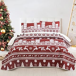 Christmas Bedspread King Size Red Theme Striped Quilted Bedspread Comforter Soft Microfiber Lightweight Coverlet for Christmas with 2 Pillowcases (3PCs 240x260cm)