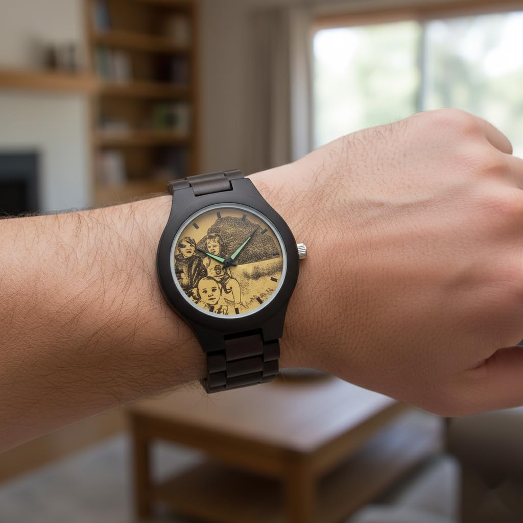 El reloj de madera para hombre para casas de árbol cuenta con un movimiento de cuarzo japonés. Es un reloj de pulsera personalizable elegante y único con una caja de nogal negro.