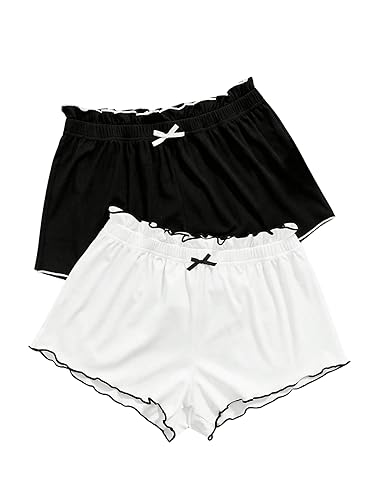 Milumia Women's 2 Pack Bow Front Lettuce Trim Rib Knitted Comfy Pajama Shorts - Medium - Black and White