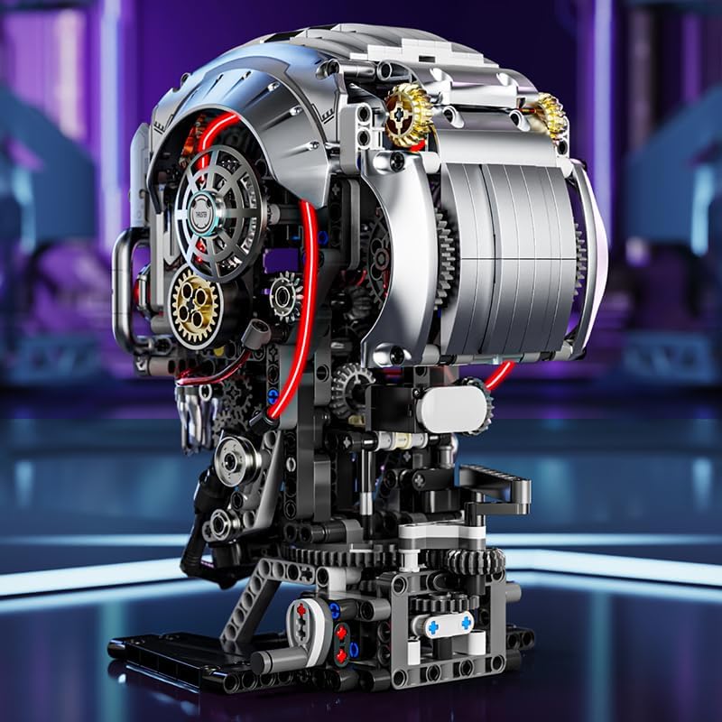 Image of SKY LINE OCEAN Mechanical Skull Building Block Set (1099+ PCS) - Poseable 3D Steampunk Skull Model with Moving Jaw, STEM DIY Construction Kit, Gothic Horror Decor Collectible Gift for Ages 14+