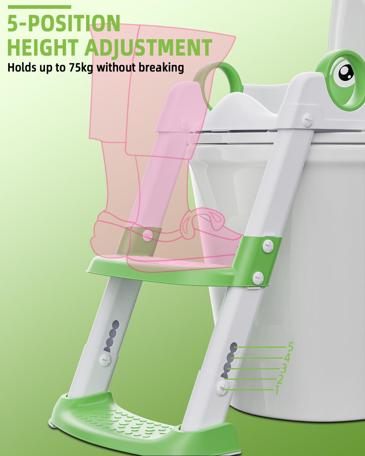 Riduttore WC Bambini con Scaletta, Riduttore con Scaletta Water Bambini, per Ragazzo e Ragazza, Regolabile e Pieghevole, Adattatore WC Bambini con Cuscino, Antiscivolo Anti-Spruzzo(Verde,Bianco)